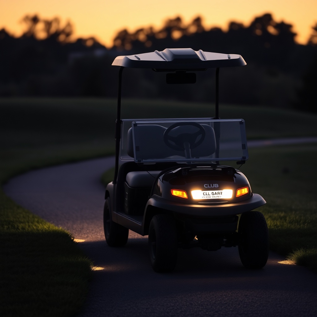 <clean photorealistic photo/illustration of a Club Car Onward HP at dusk with an LED light