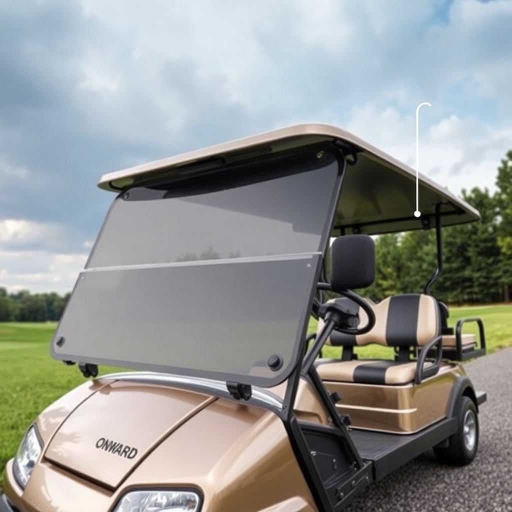 <clean photorealistic photo/illustration showing a Club Car Onward HP with a flip-down tin