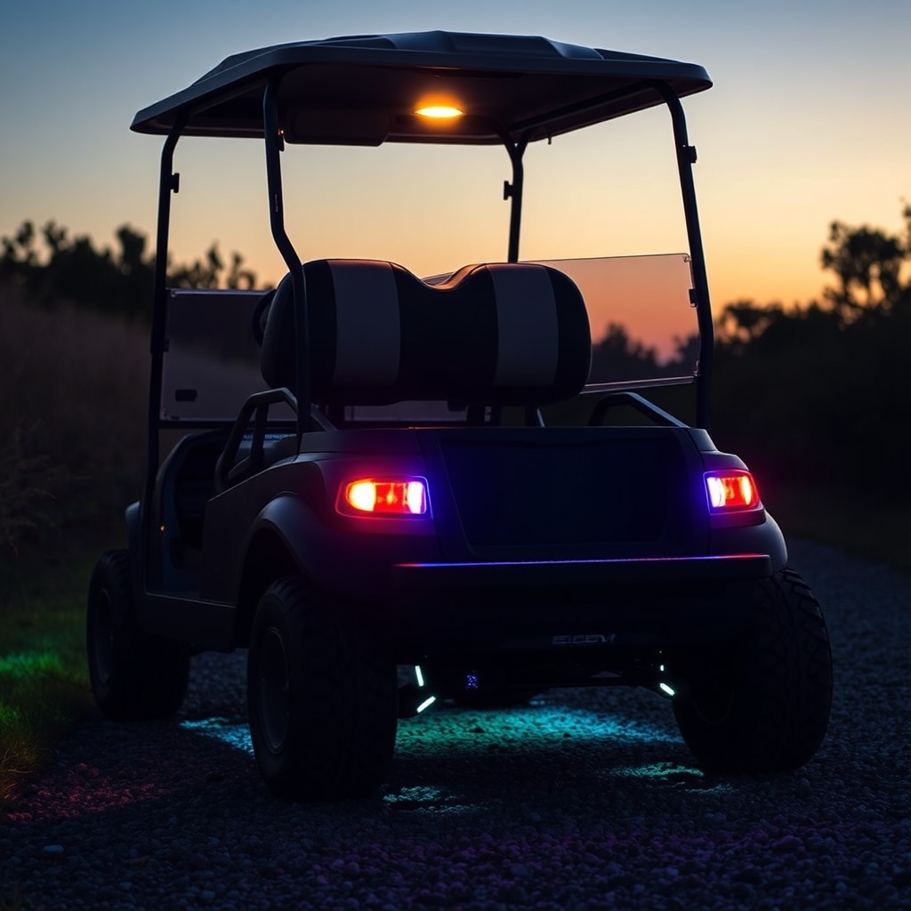 <clean photorealistic photo/illustration showing a Club Car Onward HP at dusk with upgrade