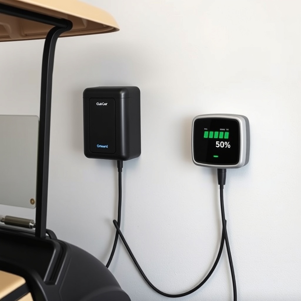 A clean photorealistic photo of a Club Car Onward HP plugged into a wall charger in a gara