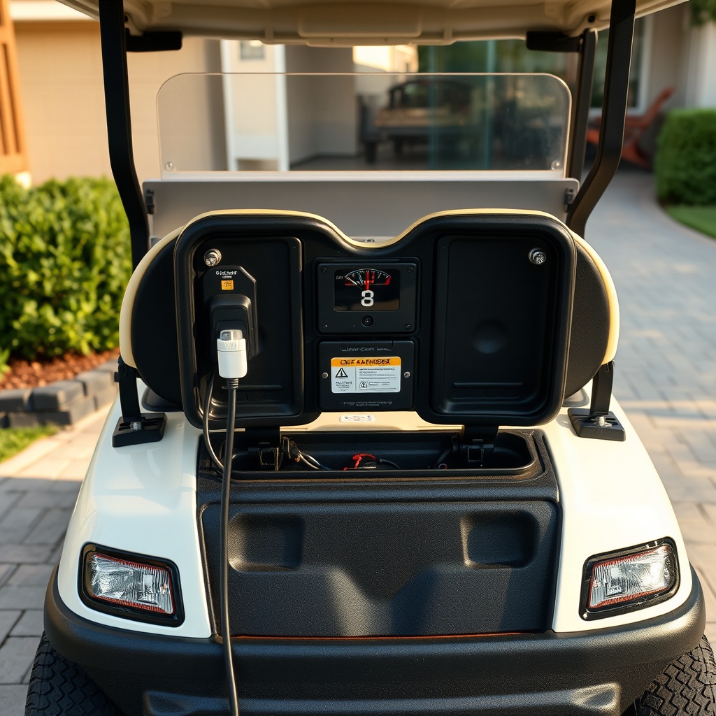 A clean photorealistic photo of a Club Car Onward HP in a driveway with the charger unplug