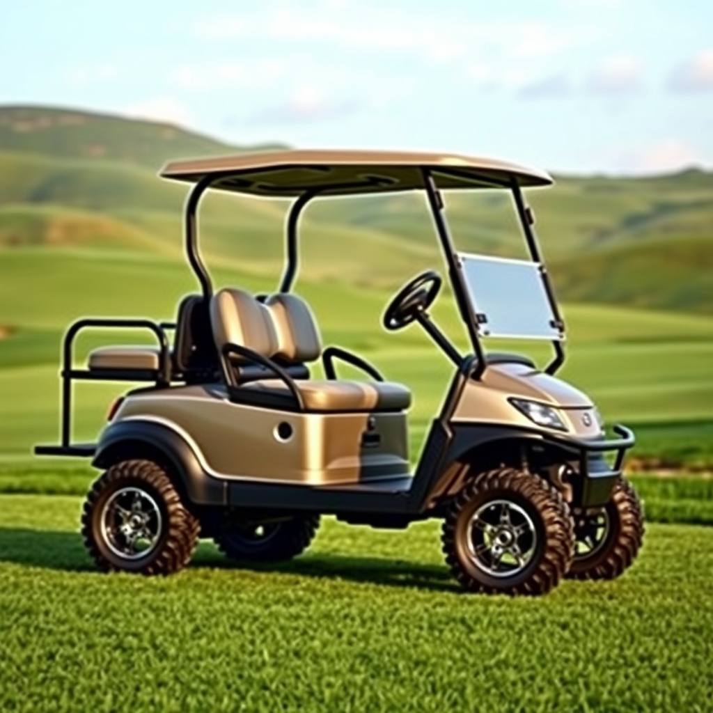 A photorealistic photo of a Club Car Onward HP in a lush green golf course setting