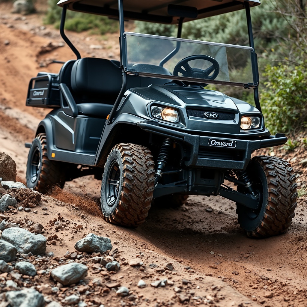 A photorealistic photo of a Club Car Onward HP being driven on a dirt trail with moderate
