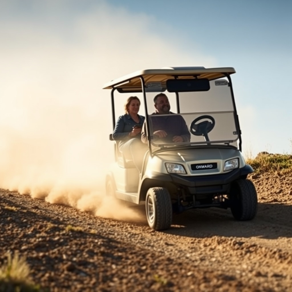 Photo of a Club Car Onward HP climbing a moderate hill with two passengers