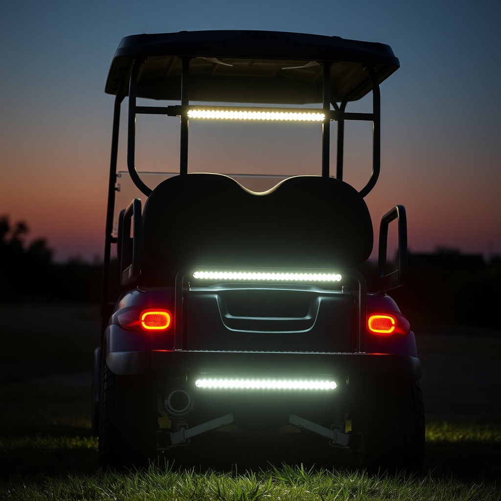 <A photorealistic illustration of a Club Car Onward HP at dusk
