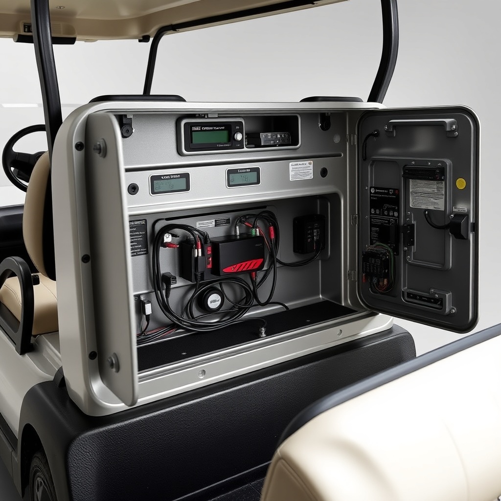 <clean photorealistic photo/illustration of a Club Car Onward HP with a performance contro