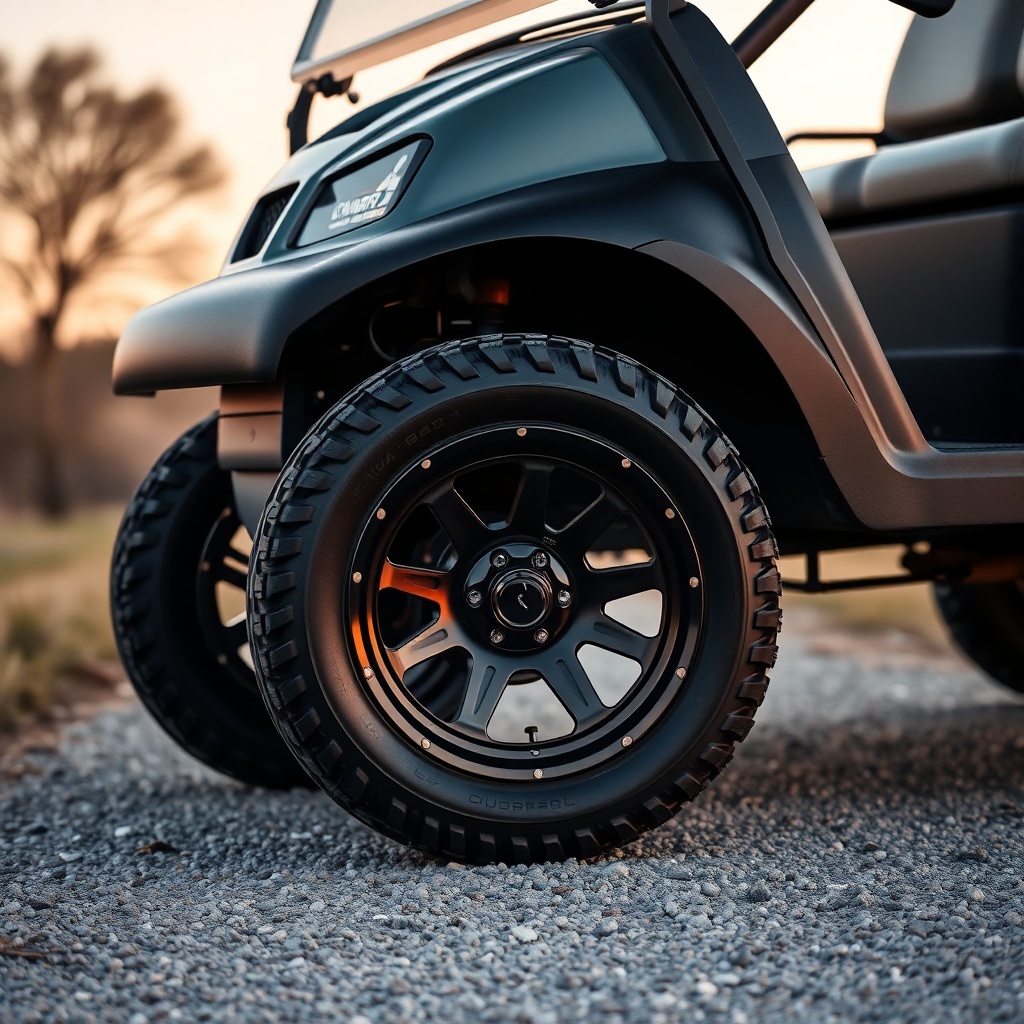 A photorealistic close-up of a Club Car Onward HP with glossy black 14-inch rims and aggre