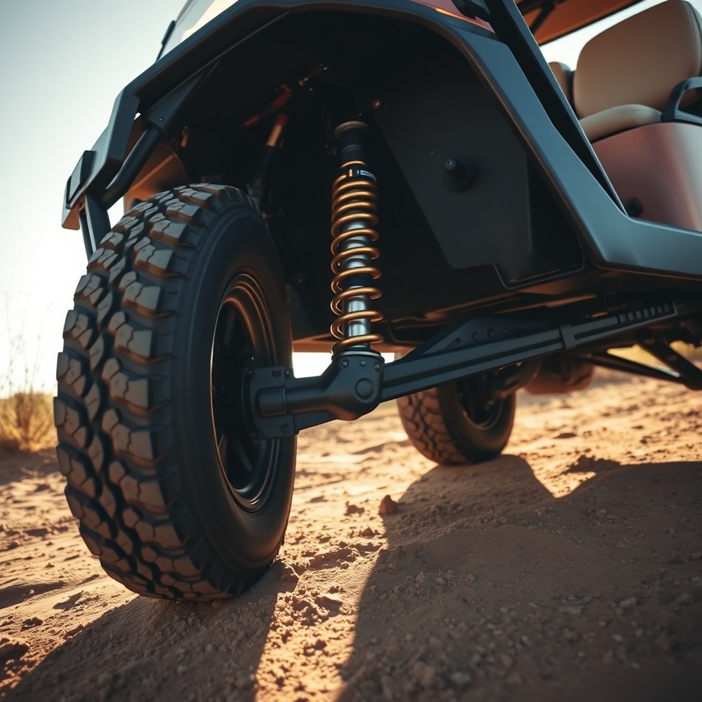 A photorealistic low-angle shot of a lifted Club Car Onward HP with heavy-duty shocks and