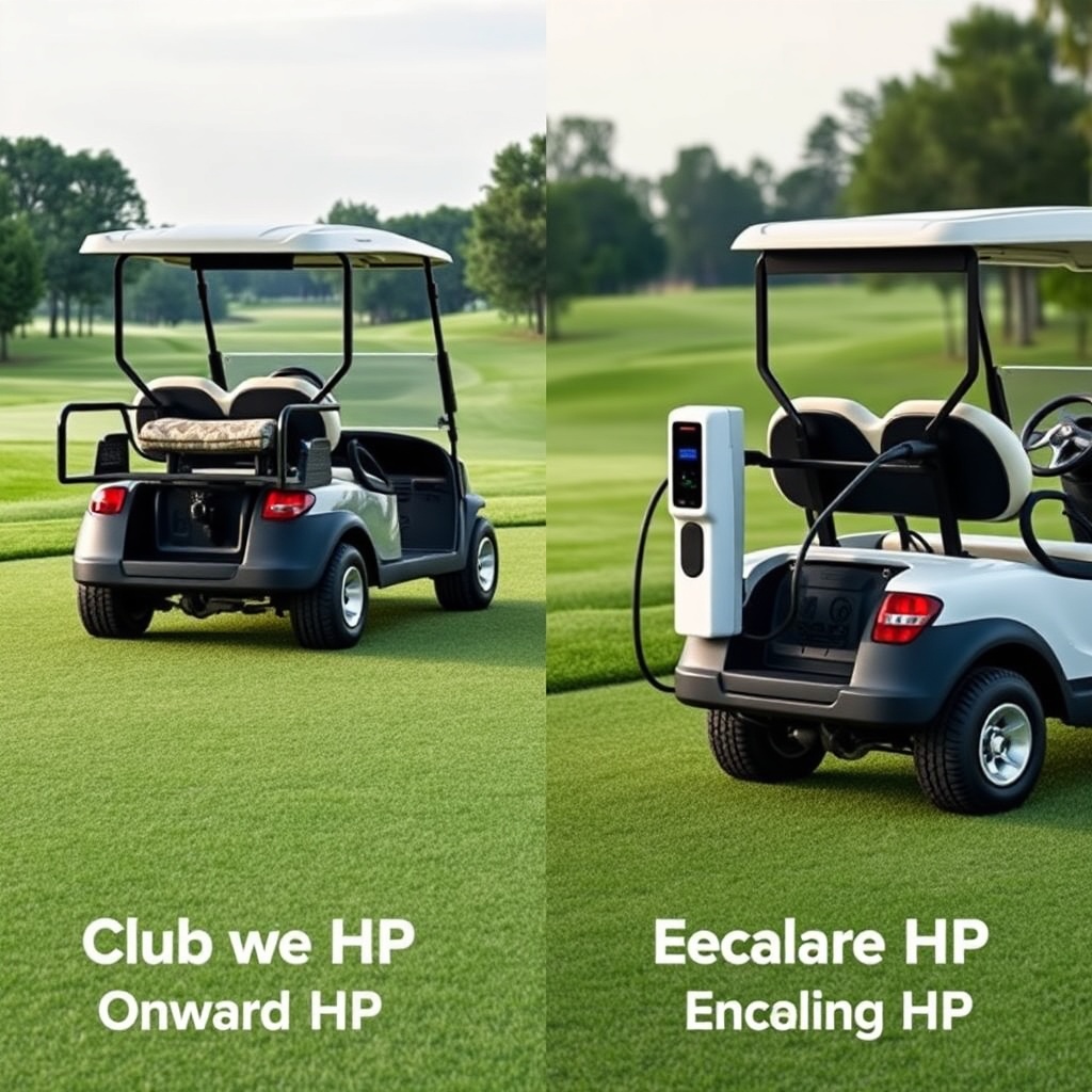 A clean photorealistic side-by-side comparison of a gas Club Car Onward HP with exhaust vi
