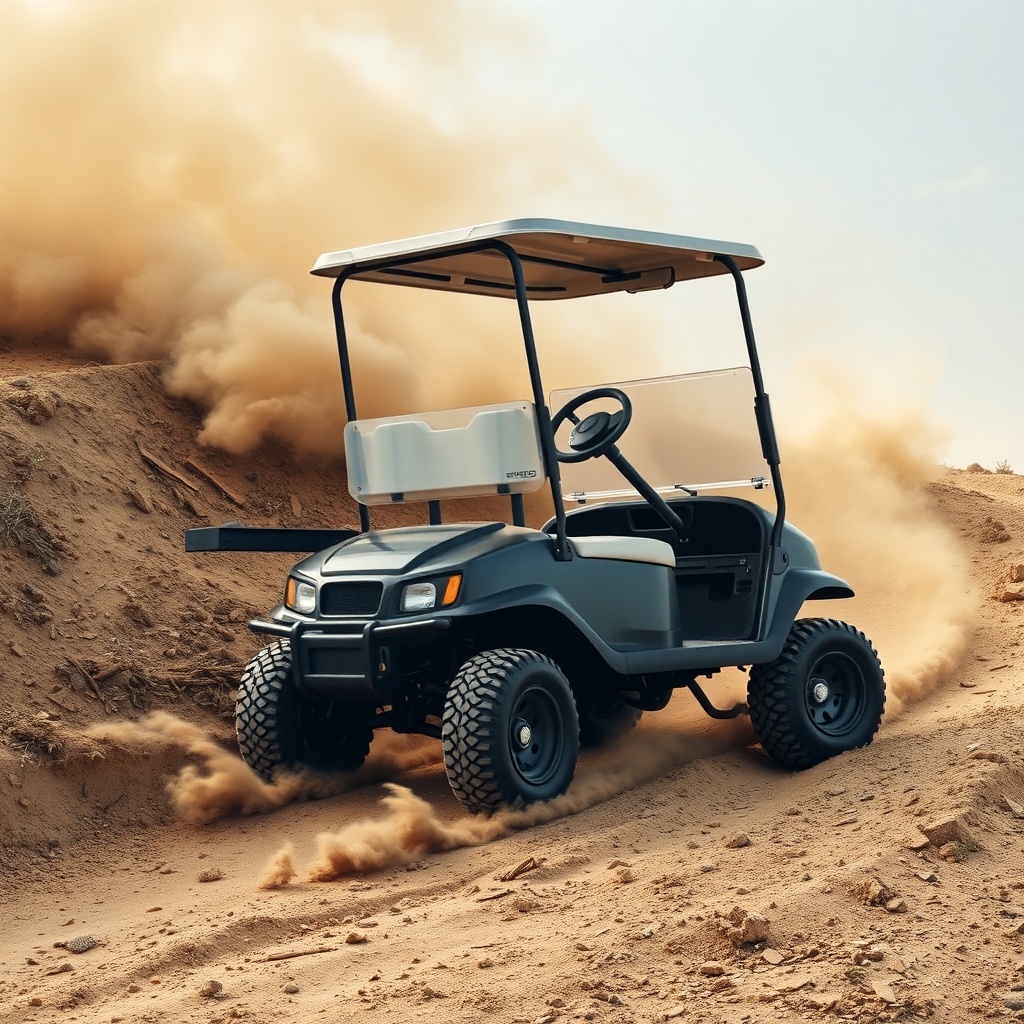 A clean photorealistic shot of a gas Club Car Onward HP climbing a steep dirt hill with du