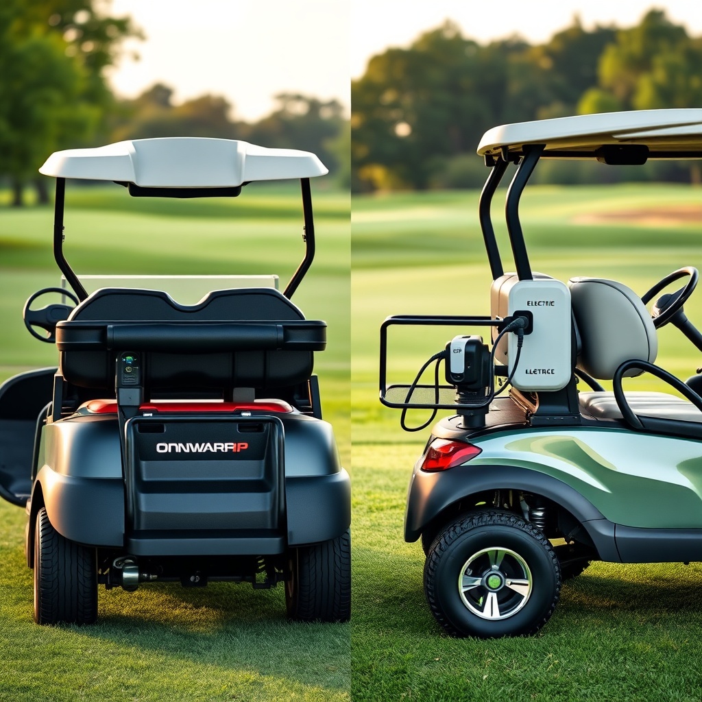 A photorealistic side-by-side image of a Club Car Onward HP gas model with a visible exhau