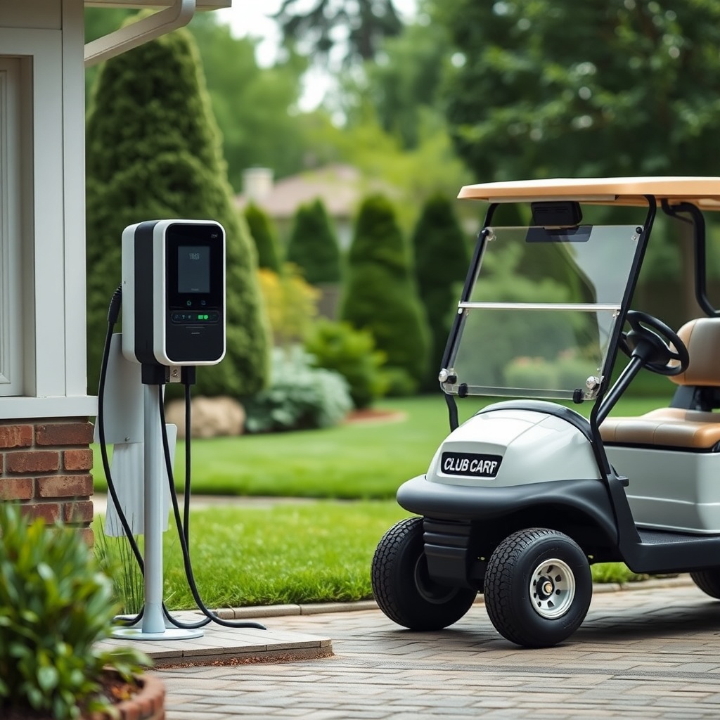 A photorealistic photo of a Club Car Onward HP electric model plugged into a home charging