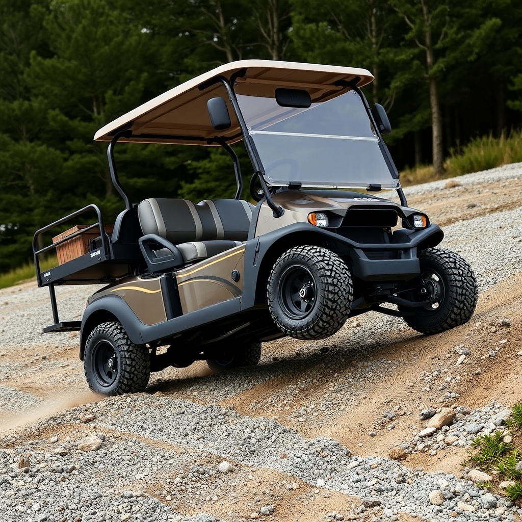 photorealistic photo of a Club Car Onward HP driving up a gravel hill