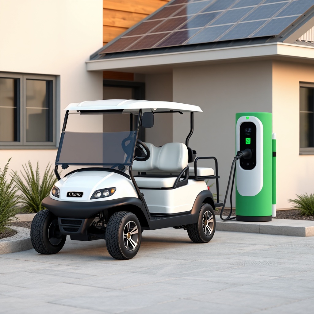 photorealistic photo of a Club Car Onward HP electric parked next to a modern home chargin