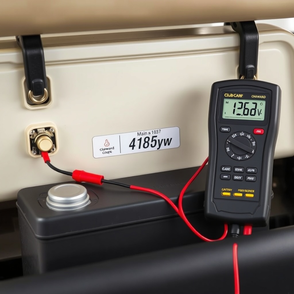 A close-up of a Club Car Onward HP battery compartment with a disconnected terminal