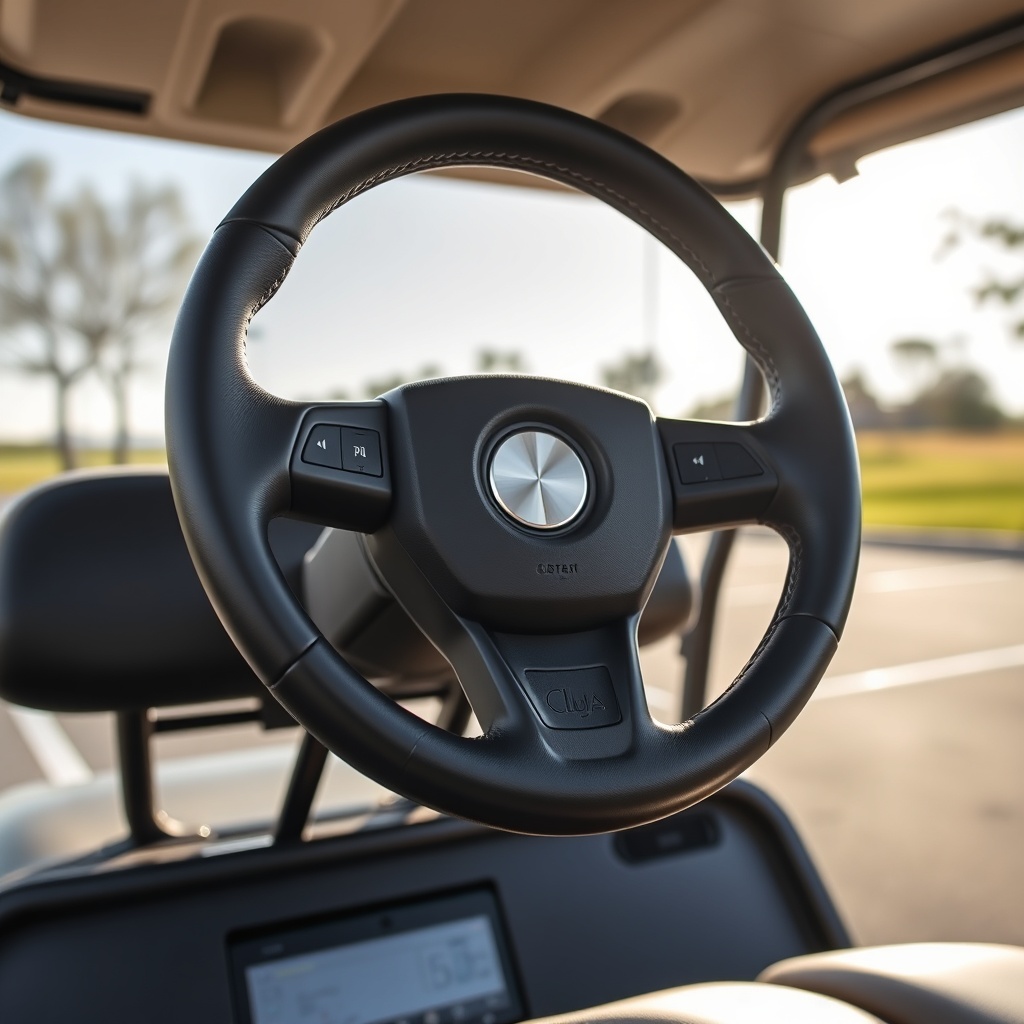 A photorealistic close-up of a custom leather-wrapped steering wheel on a Club Car Onward