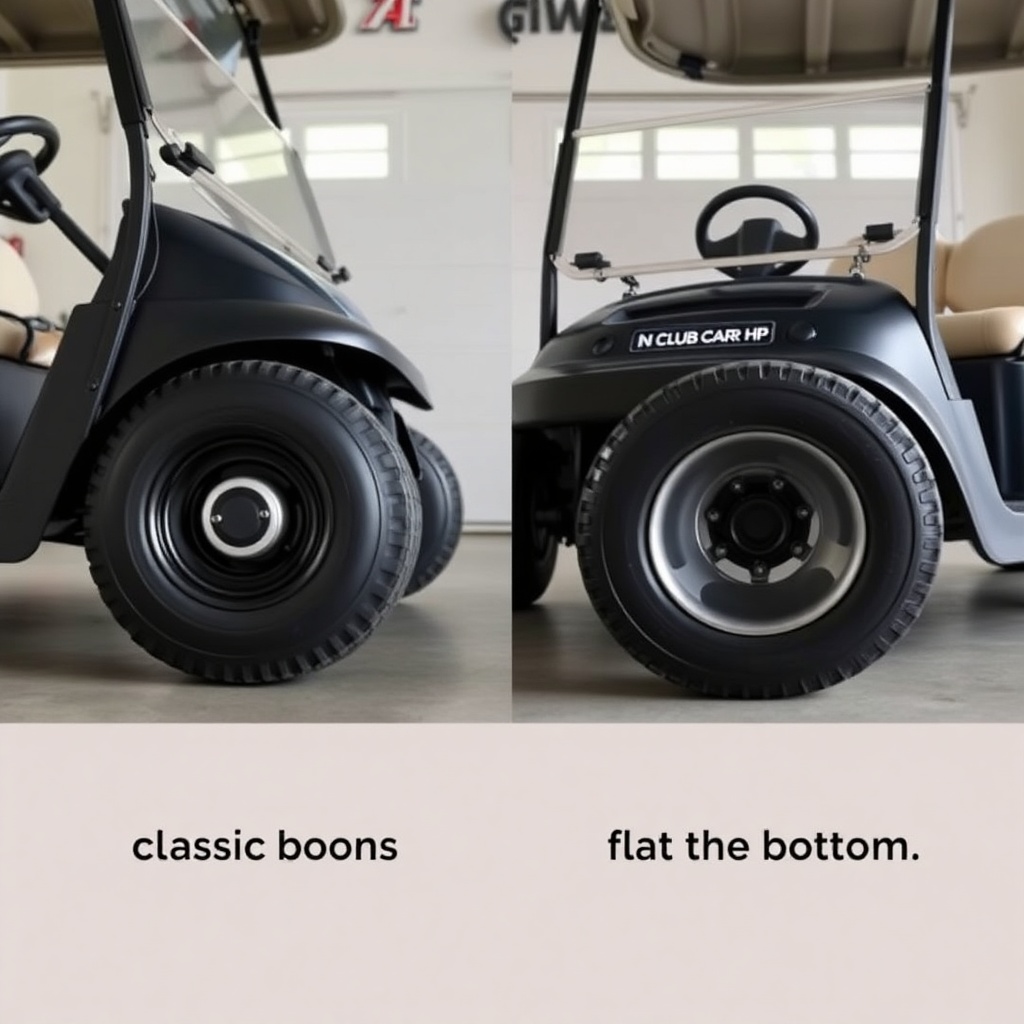 A photorealistic side-by-side comparison of a classic round wheel and a flat-bottom D-shap