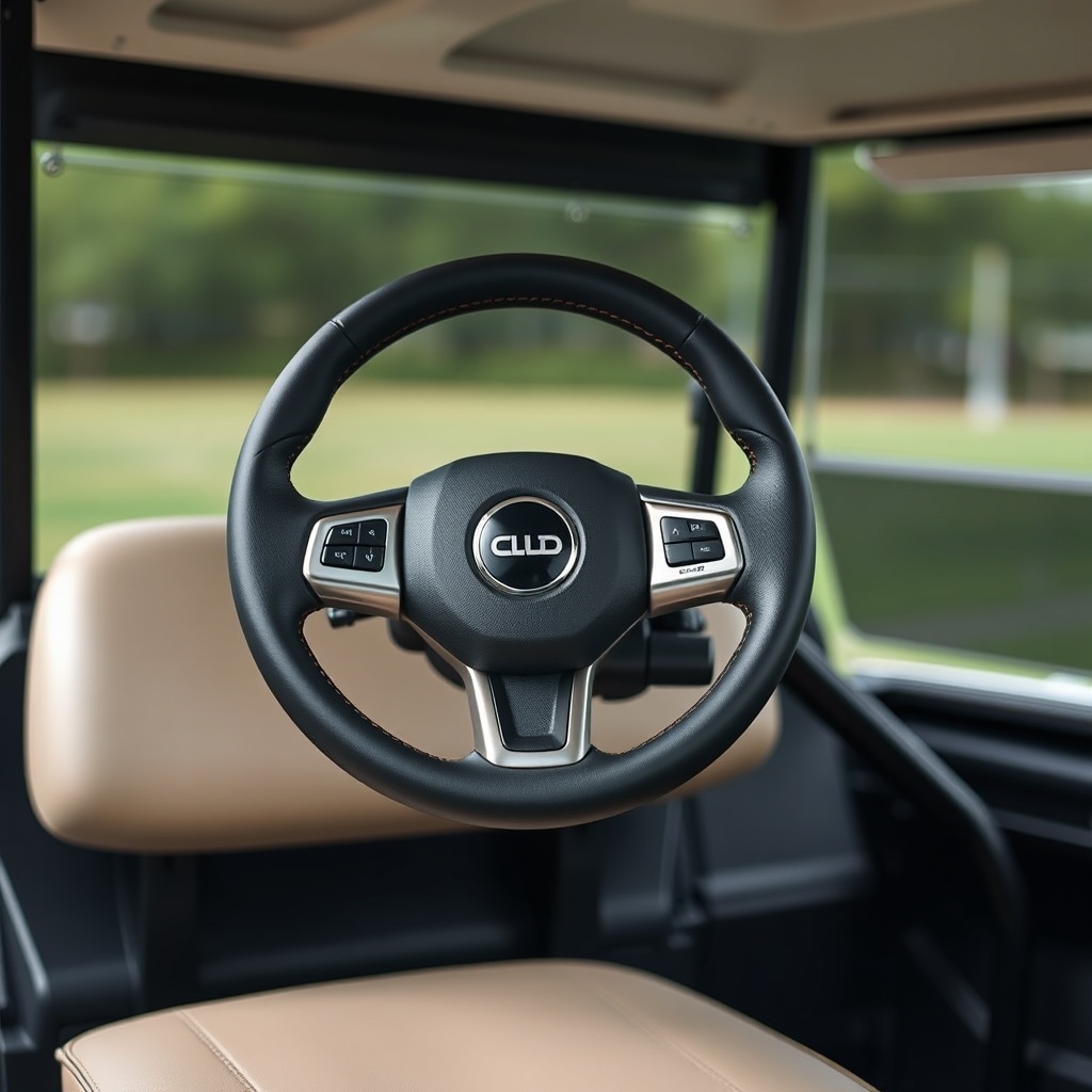 A clean photorealistic photo of a Club Car Onward HP interior showing an upgraded leather