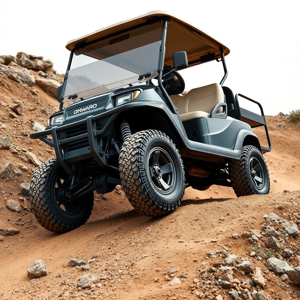 A Club Car Onward HP driving over a rocky dirt path with upgraded coil-over shocks and lif