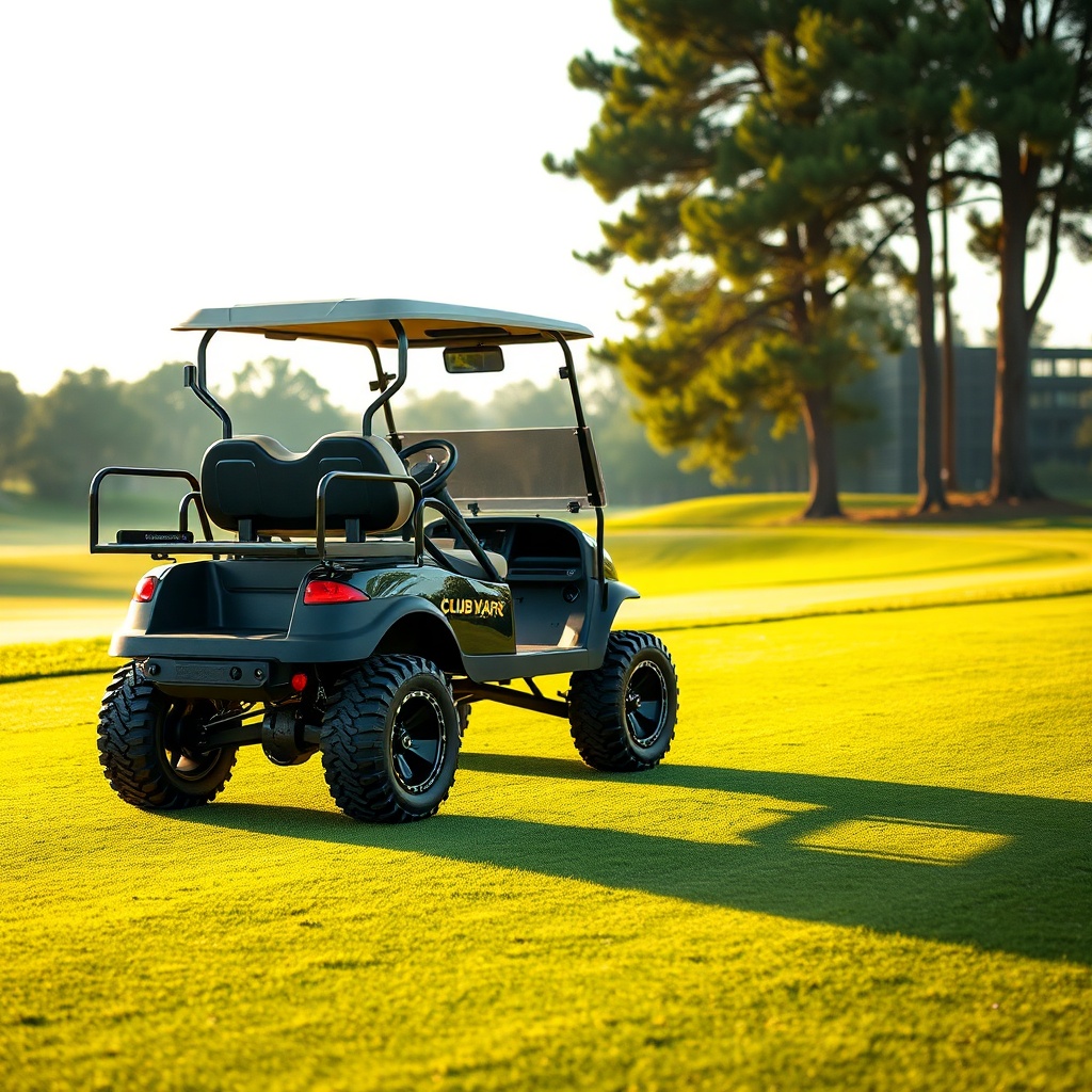 <A clean photorealistic photo of a Club Car Onward HP with upgraded all-terrain tires and