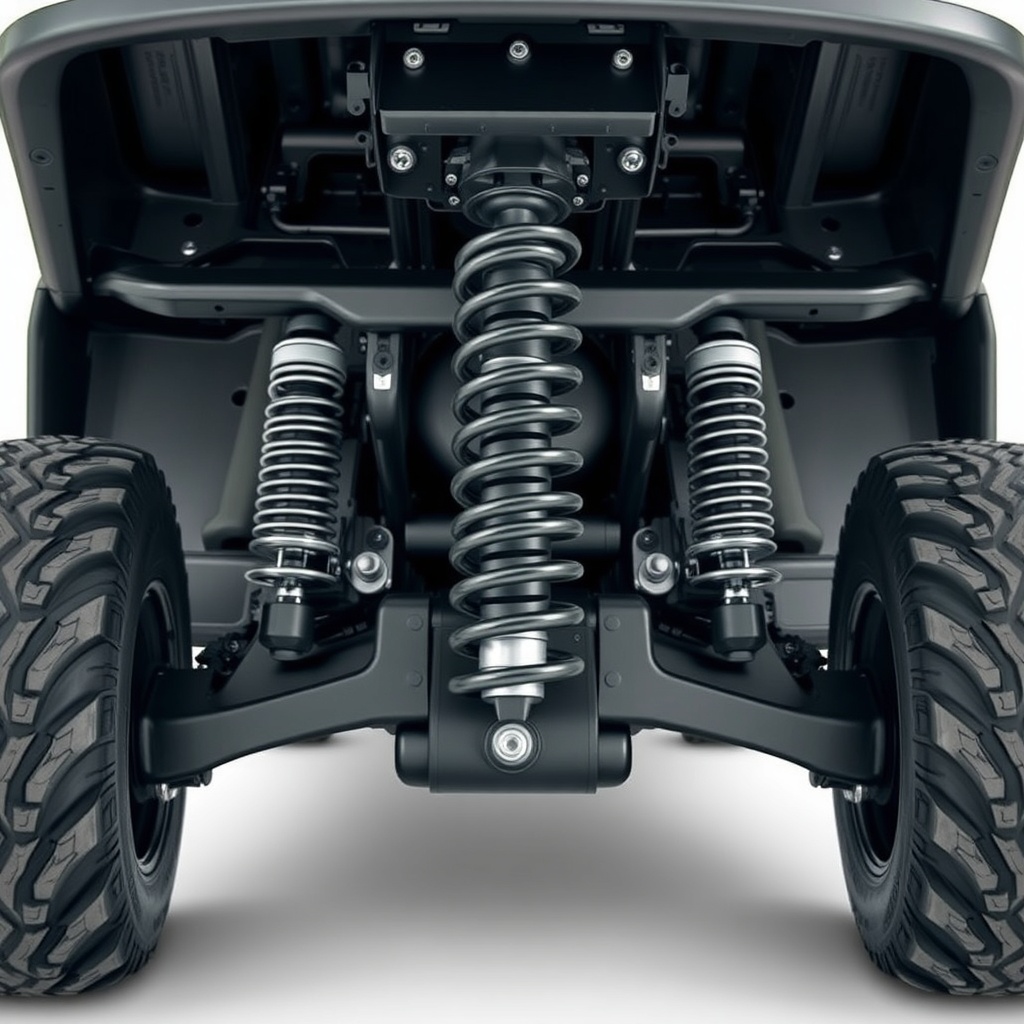 <A clean photorealistic photo of a Club Car Onward HP’s front suspension with upgraded spr