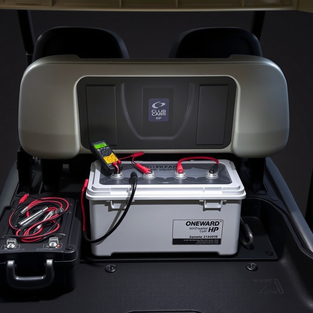 clean photorealistic photo/illustration showing a Club Car Onward HP battery compartment w