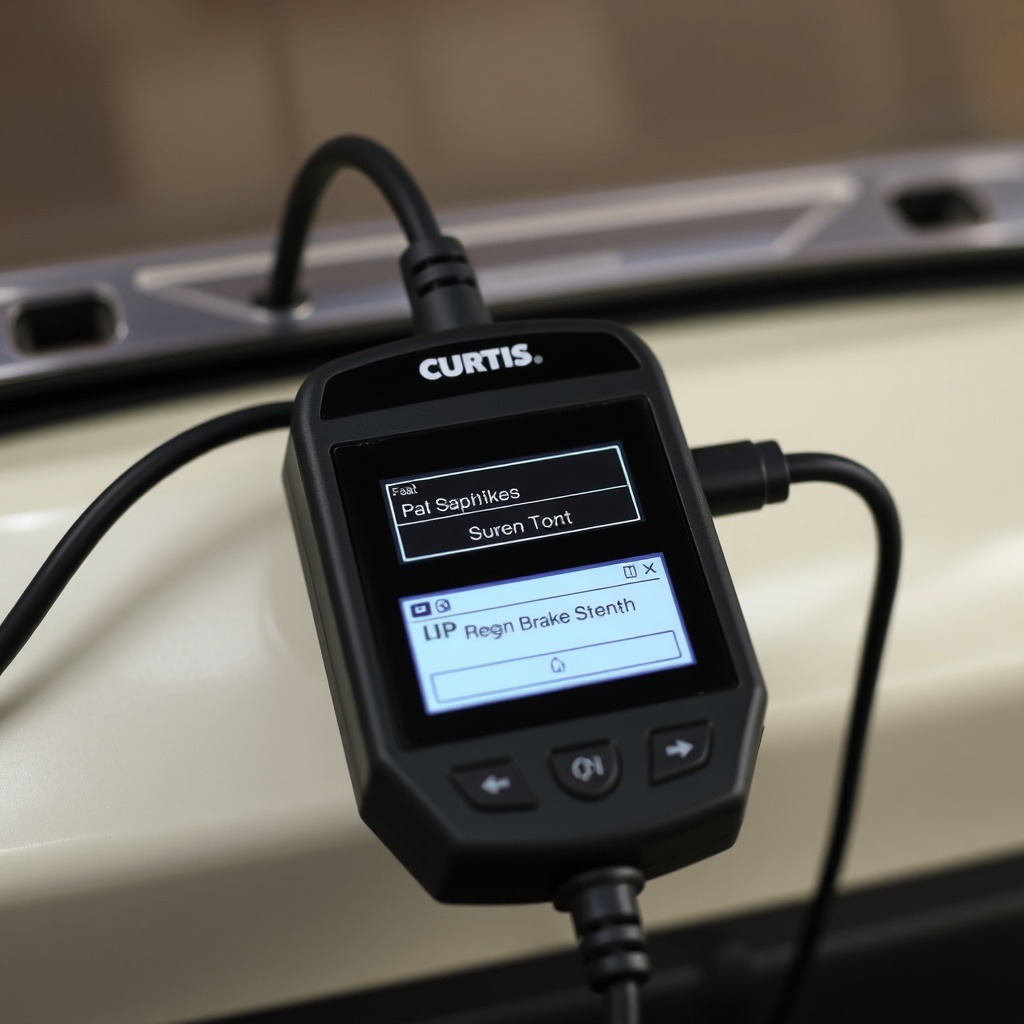 <clean photorealistic close-up of a Curtis handheld programmer plugged into a Club Car Onw