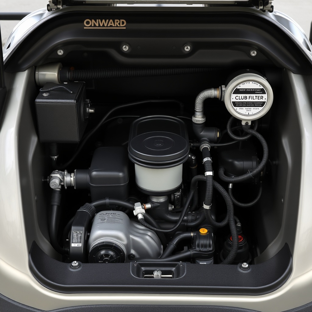 <A clean photorealistic photo of a Club Car Onward HP engine bay with the fuel filter and