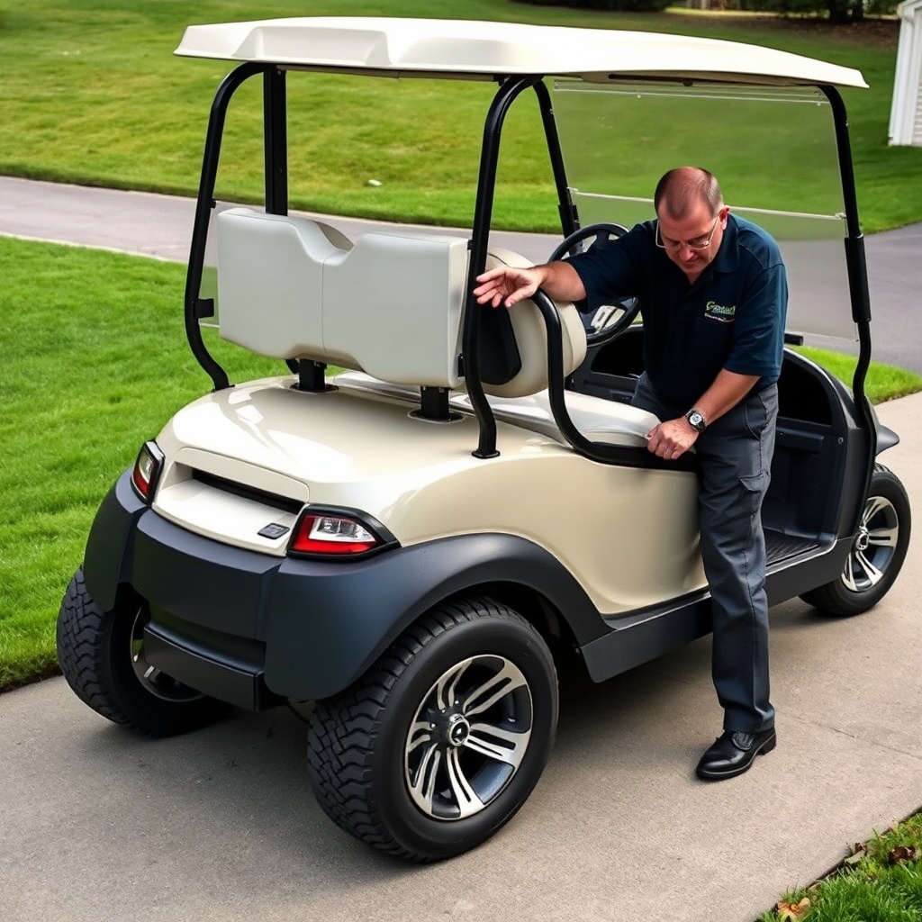 <clean photorealistic photo of a Club Car Onward HP on a flat driveway
