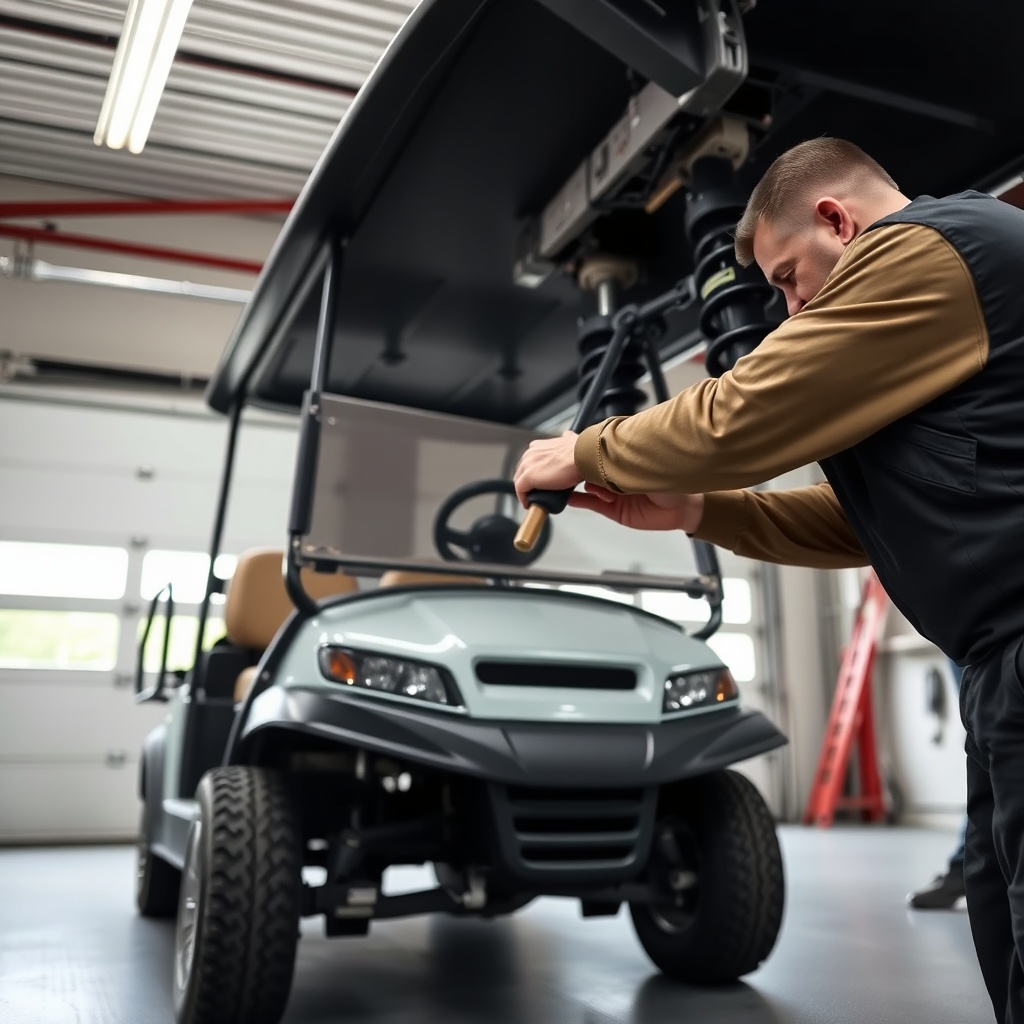 <clean photorealistic photo of a mechanic adjusting a tie rod on a Club Car Onward HP fron