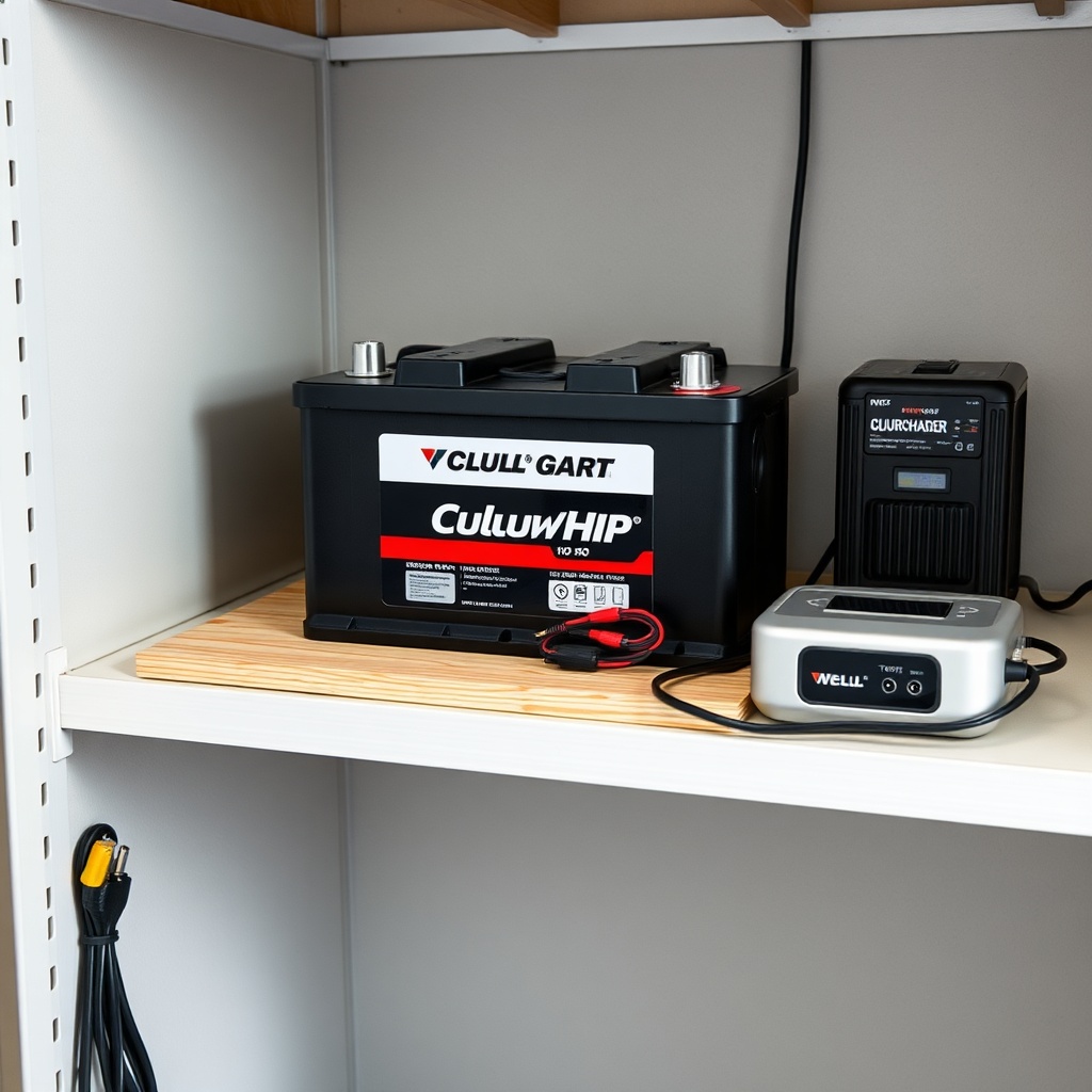 <a clean photorealistic photo of a garage shelf with a Club Car Onward HP battery being st