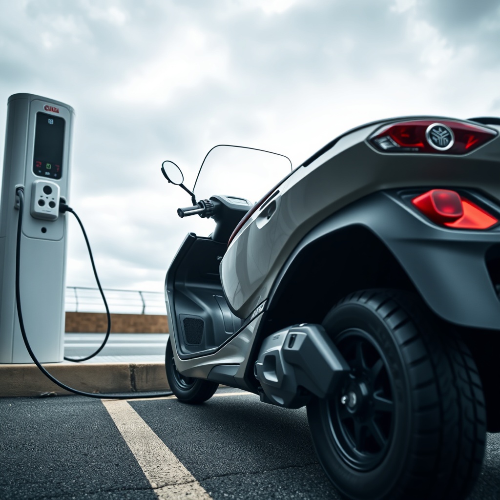 A clean photorealistic photo of a Yamaha Drive2 PTV parked near a charging station with a