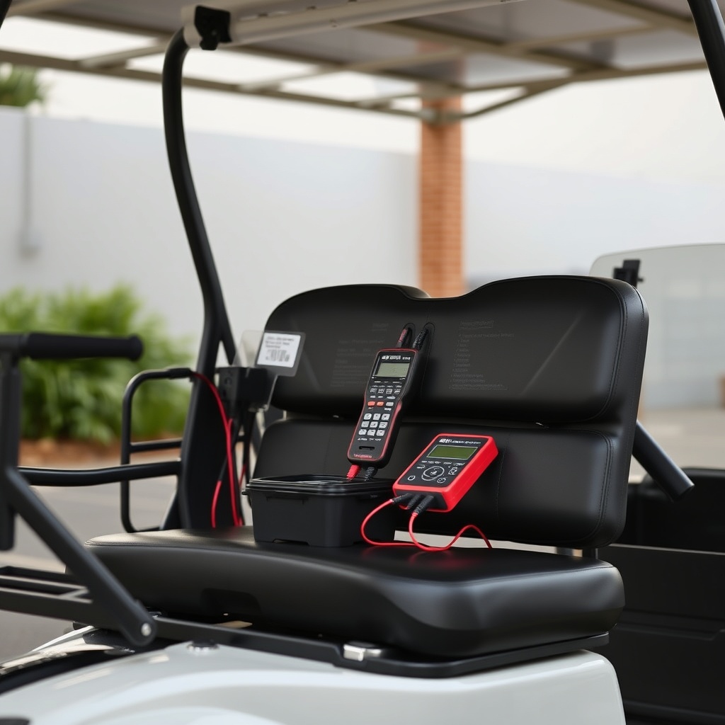 A clean photorealistic photo of a Yamaha Drive2 PTV parked under a carport with the charge