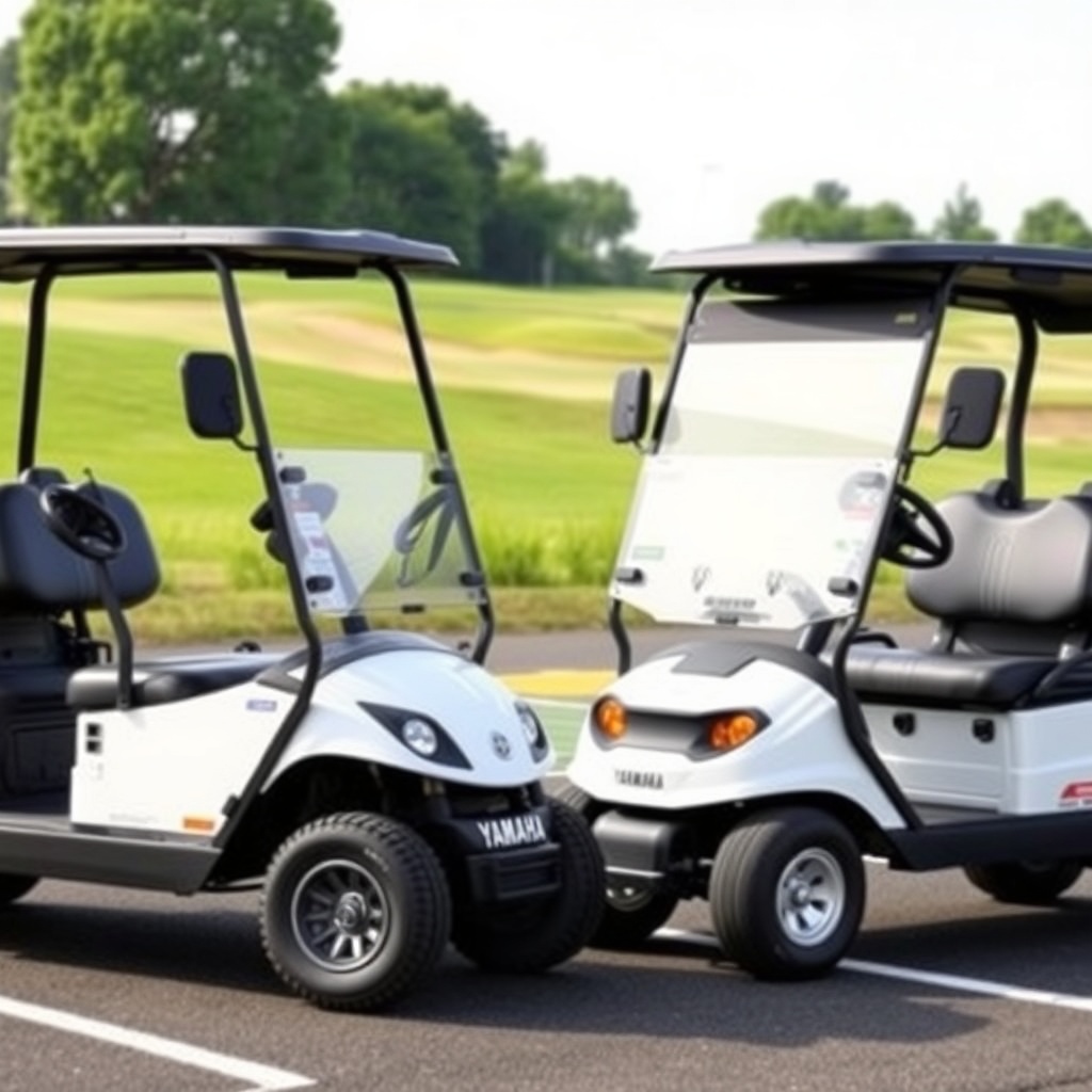 Yamaha Drive2 PTV electric and gas models side by side in a golf course parking lot