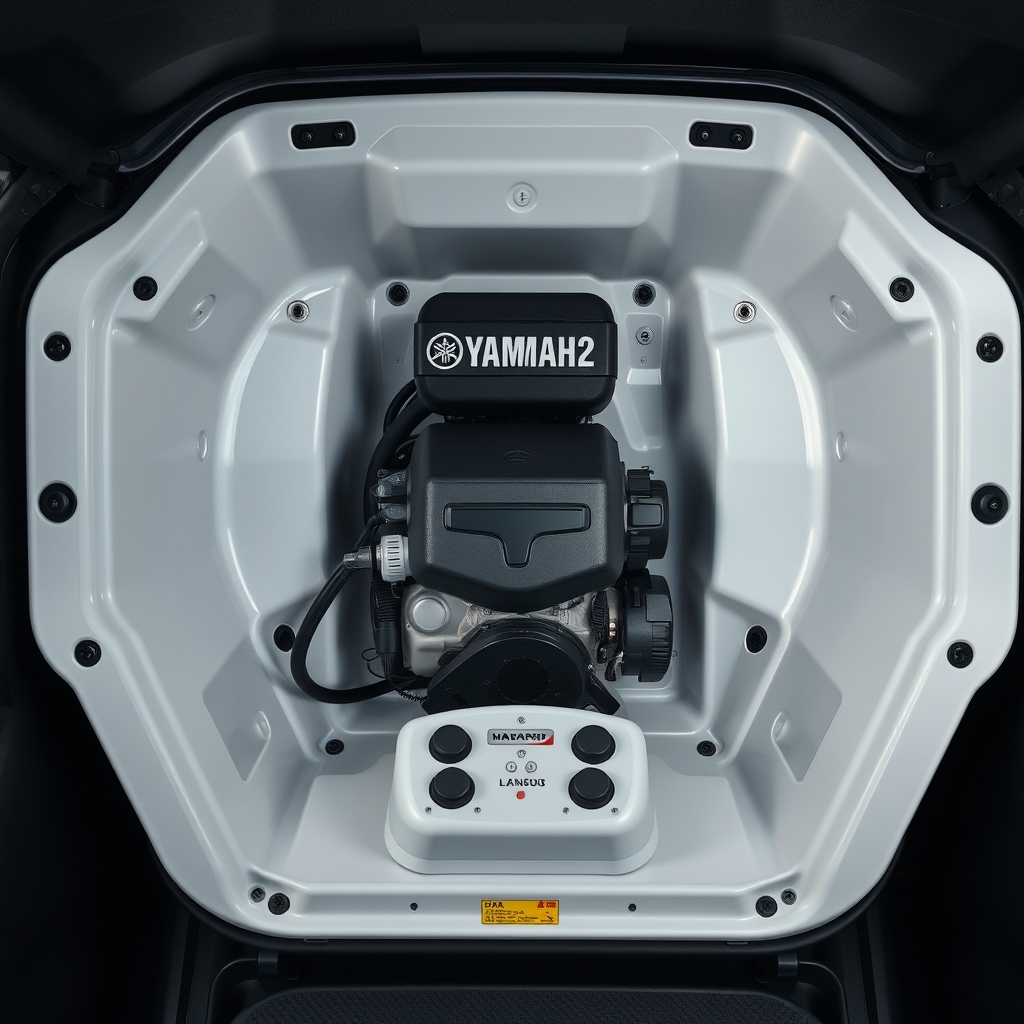 <clean photorealistic photo of a Yamaha Drive2 PTV motor bay with controller visible