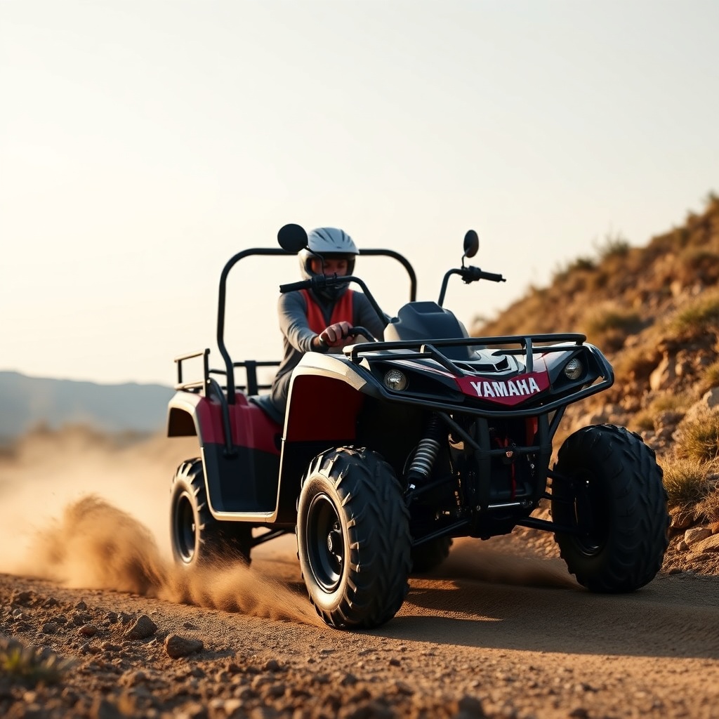 <clean photorealistic photo of a Yamaha Drive2 Ptv driving on a dirt path