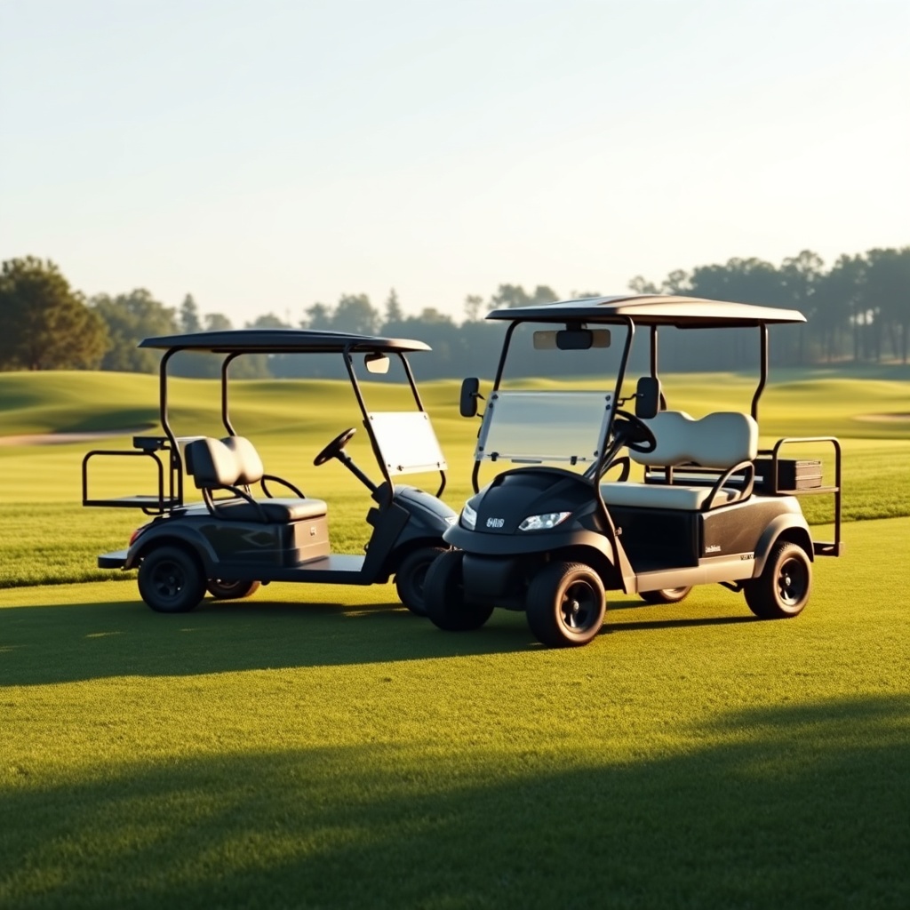 <clean photorealistic photo/illustration of a Yamaha Drive2 PTV and a Club Car Onward HP p