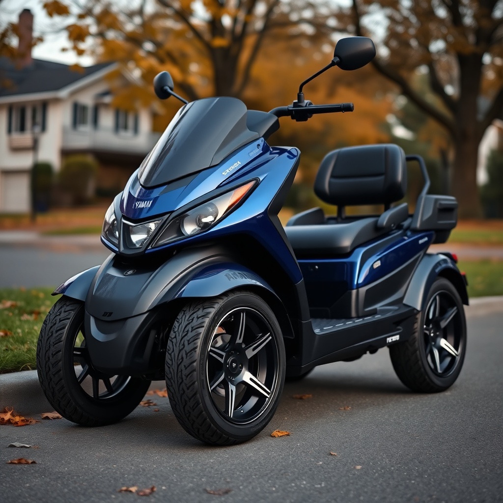 A clean photorealistic shot of a blue Yamaha Drive2 PTV with aftermarket 14-inch black all