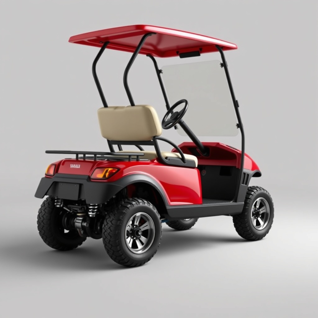 A clean photorealistic side-profile shot of a red Yamaha Drive2 PTV with aftermarket coilo