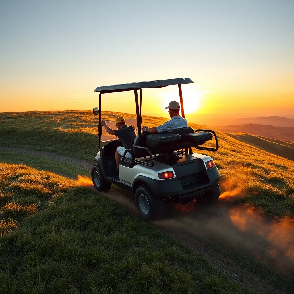 A clean photorealistic shot of a Yamaha Drive2 PTV gas model climbing a steep grassy hill