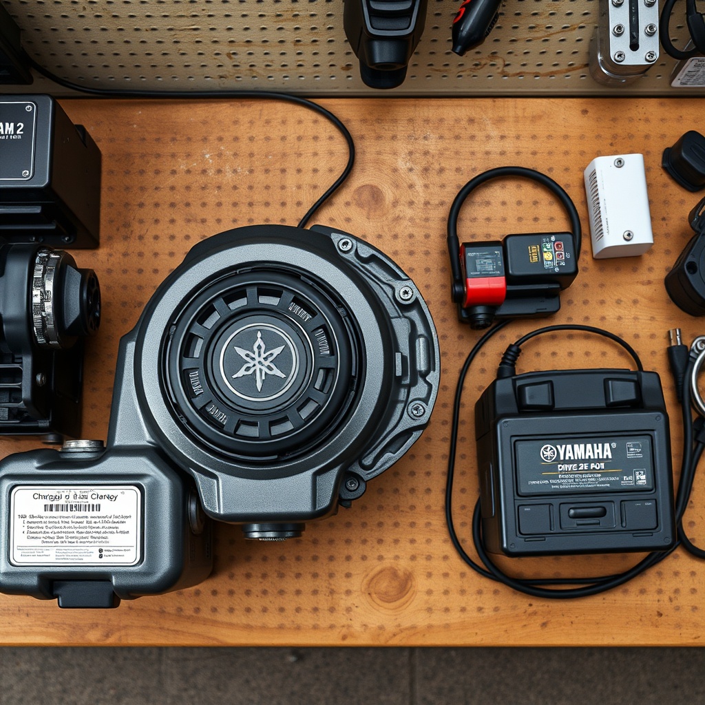 A photorealistic overhead view of a mechanic's workbench showing a Yamaha Drive2 PTV gas e