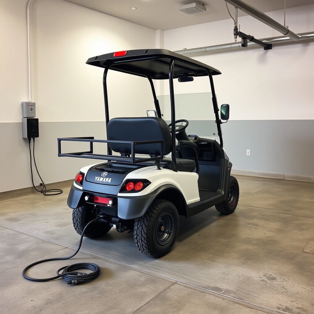 A photorealistic photo of a Yamaha Drive2 PTV parked inside a clean