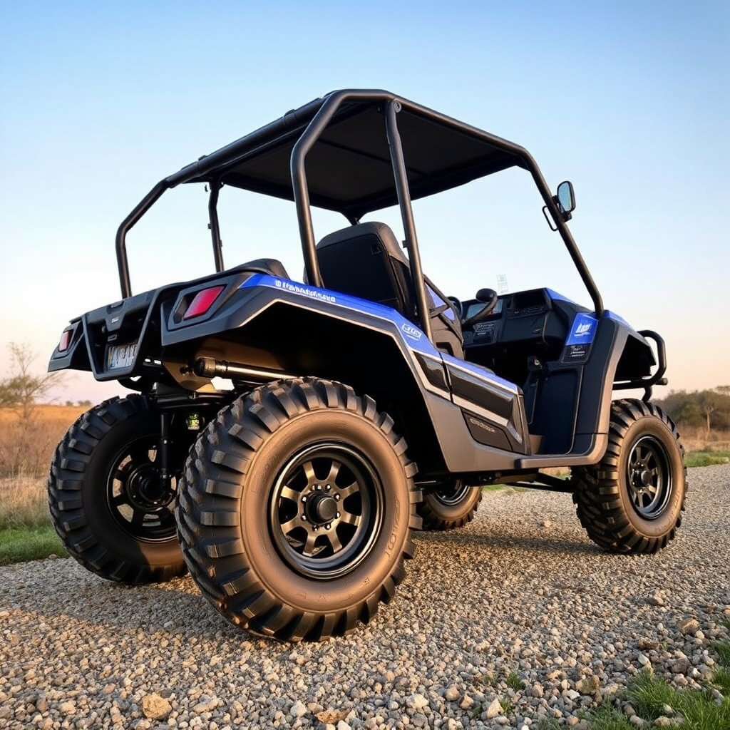 A photorealistic photo of a Yamaha Drive2 PTV parked on a gravel path