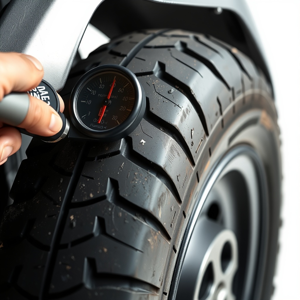 A photorealistic close-up photo of a Yamaha Drive2 PTV front tire being measured with a ti