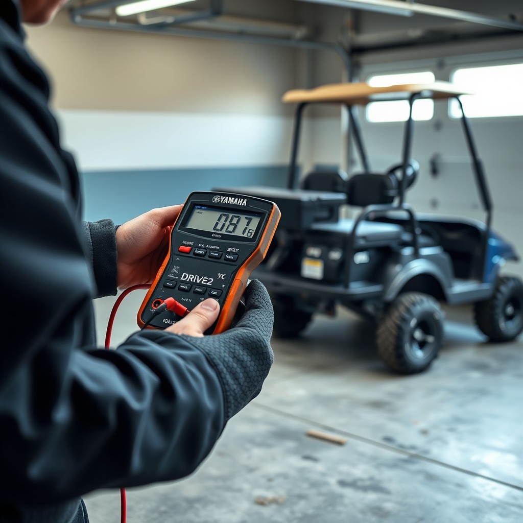 A clean photorealistic photo of a technician using a digital multimeter to test the voltag