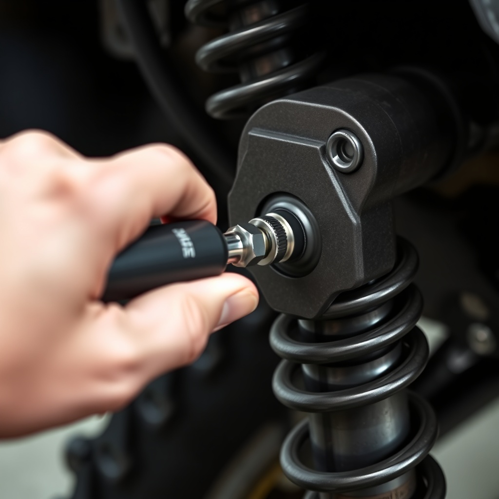 A clean photorealistic photo of a mechanic's hand holding a torque wrench to a control arm