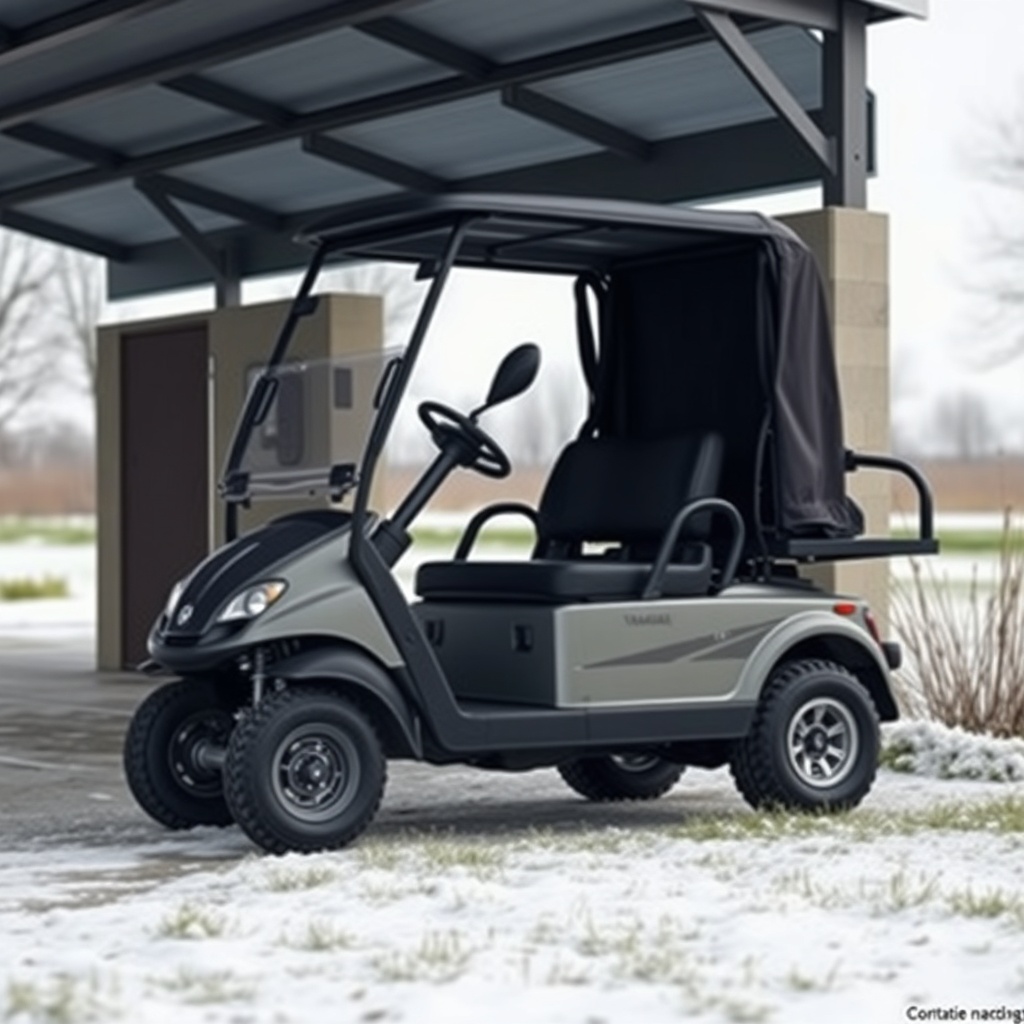 A clean photorealistic photo of a Yamaha Drive2 PTV parked under a covered carport in wint