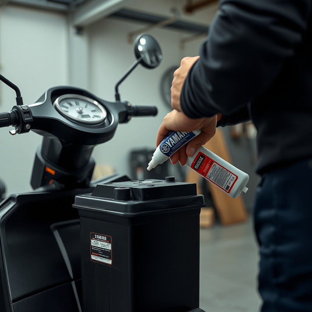 A clean photorealistic photo of a person in a garage applying dielectric grease to a batte